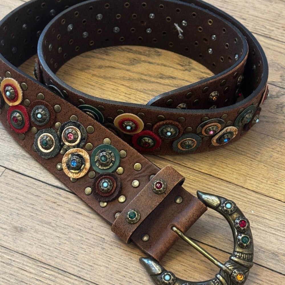 Nw Vintage Nanni Italy Studded Concho Leather Belt Jeweled Buckle Boho Western - Picture 7 of 10
